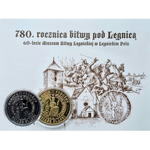 Numizmat pamiątkowy wybity z okazji 780. rocznicy bitwy pod Legnicą oraz 60. rocznicy utworzenia Muzeum Bitwy Legnickiej w Legnickim Polu.